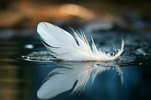 ai generado delicado ballet un blanco pluma graciosamente flotadores en tranquilo aguas foto