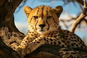 AI generated Cheetah relaxes on a tree in Serengeti National Park, Tanzania photo