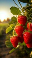 AI generated Strawberry field at golden hour Ripe red strawberries on branch Vertical Mobile Wallpaper photo