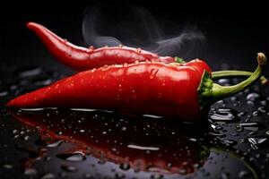 AI generated Spicy allure smoking hot red chili captivates with intense reflection photo