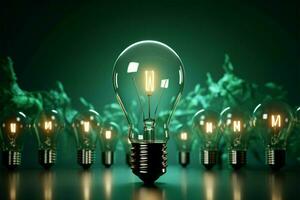 AI generated Creative brilliance Glowing lightbulb amid question marks on green backdrop photo