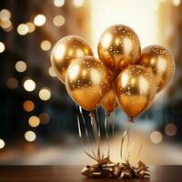 AI generated Bunch of golden balloons with ribbons on bokeh background For Social Media Post Size photo