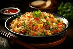 AI generated Wholesome delight Asian meal, fried rice with a mix of vegetables photo