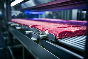 ai generado fábrica eficiencia industrial máquina procesos crudo carne de vaca para filete producción foto