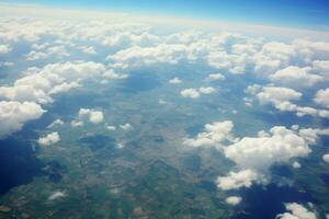 AI generated Aerial photo clouds above, green fields beneath, through plane window