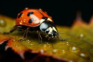 AI generated Tiny Explorer Macro photo of a ladybug on a vibrant leaf