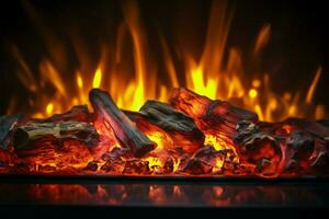 AI generated Captivating glow electronic fireplaces close up, flickering orange yellow flames photo