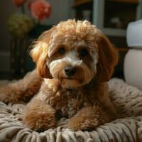 AI generated Adorable poodle dog lounges on the carpet, cute home companion For Social Media Post Size photo