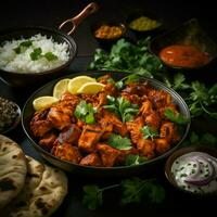 AI generated Indian culinary delight Chicken tikka masala, basmati rice, appetizers For Social Media Post Size photo