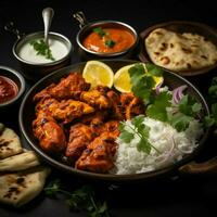 AI generated Indian food feast Chicken tikka masala, basmati rice, chutney, curd For Social Media Post Size photo