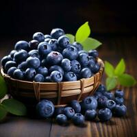 AI generated fresh blue berries in a basket on wooden background For Social Media Post Size photo