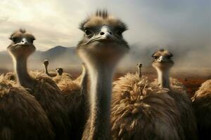 AI generated Ostriches grace the farm, misty clouds adding to the ambiance photo
