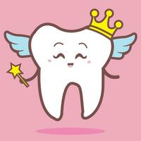 Cute angelic smiling tooth with wings, healthy and happy tooth dressed as a fairy, dentist vector illustration