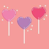 dulces moldeado corazón de golosinas en rosado antecedentes. sencillo mano dibujado corazón piruletas. Perfecto como pared arte, San Valentín día regalo tarjeta, póster o invitación. vector