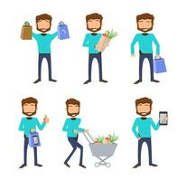 Stylish Strolls - Casual Cartoon Illustrations of a Man Sporting Graphic Shirts, Delighting in the Pleasures of Shopping vector