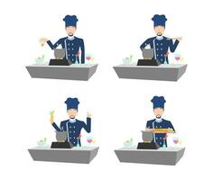 Culinary Command - Dark Blue Uniformed Chef Illustrations Displaying Authority and Artistry in Various Poses vector