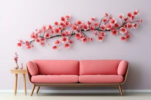 AI generated Pink sofa and flowers in the room photo