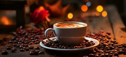 AI generated a wooden table with cup of coffee and beans photo