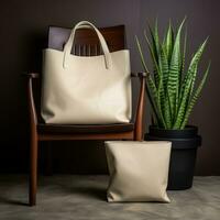 AI generated a cream tote bag next to pots and plants photo