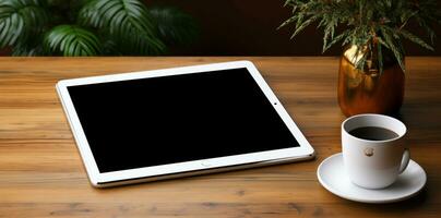 AI generated Digital tablet screen mock up with coffee photo