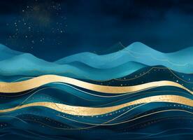 AI generated Gold lines wallpaper with swirling motion on a blue background photo