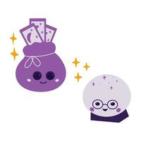 Magic crystal ball and pouch with tarot cards. Cute mystical smiling characters with abstract stars vector