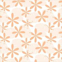 Seamless pattern of abstract flowers and monstera leaves in trendy monochrome Peach Fuzz shades vector