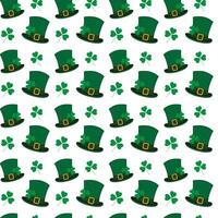 Seamless pattern of leprechaun hats and shamrocks in trendy green. St. Patricks backdrop concept vector