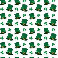 Seamless pattern of leprechaun hats and shamrocks in trendy green. St. Patricks backdrop concept vector