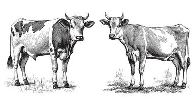 vacas dos bosquejo mano dibujado en garabatear estilo vector ilustración