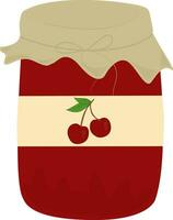 Cherry jam in glass jar. Bottle with preserve, canning. Natural product. Healthy eating and diet. Design of greeting cards, posters, patches, prints on clothes, emblems. Cherry. vector