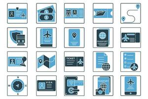 travel document icon set. passport, boarding pass, visa, road map, id card, etc. solid icon style design. simple vector design editable. element illustration