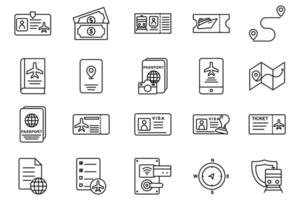 travel document icon set. passport, boarding pass, visa, road map, id card, etc. line icon style design. simple vector design editable. element illustration