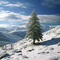 ai generado inviernos abrazo abeto árbol soportes adornado en sereno Nevado paisaje para social medios de comunicación enviar Talla foto