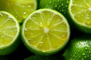 AI generated Luminous Lime Fresh lime slice, background adorned with glistening water drops photo