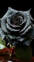 ai generado elegante ébano Rosa adornado con gotas de rocío en un noir lona vertical móvil fondo de pantalla foto