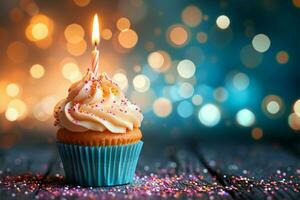 AI generated Birthday cupcake, burning candle, bokeh lights background, festive celebration photo