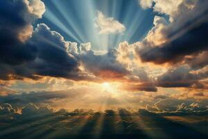 AI generated Sun rays pierce through cumulus clouds, creating a breathtaking atmospheric display photo