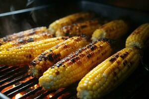 AI generated Hot grid grill sizzles with grilling fresh corn, a tempting aroma photo