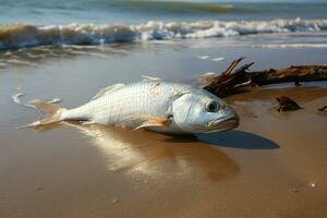 AI generated Beachside solitude dead fish on the shore, waves in background photo