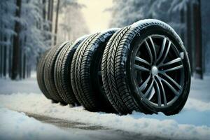 AI generated Winter resilience four black tires endure snowfall with steadfast grace photo