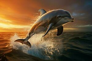 AI generated Sea ballet, a dolphin captured mid jump, a portrait of elegance photo