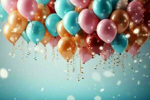 AI generated Vibrant balloons decorate, festive background with a text friendly atmosphere photo