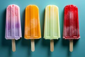 AI generated Top view flat lay of a set of bright ice cream popsicles photo