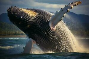 ai generado jorobado ballena saltando fuera de el agua en el Pacífico Oceano foto
