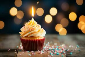 AI generated Cupcake with candle, birthday delight, bokeh lights backdrop, festive photo