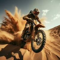 AI generated Sands of thrill Motocross rider in desert, executing breathtaking jumps For Social Media Post Size photo