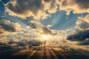 AI generated Stunning scene of sunbeams through cumulus clouds, a natural spectacle photo