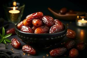 AI generated Dates in a bowl on black background, selective focus photo