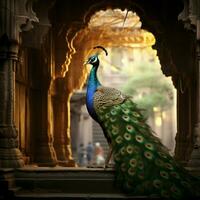 AI generated Urban enchantment A captivating peacock displays exotic charm in the city For Social Media Post Size photo